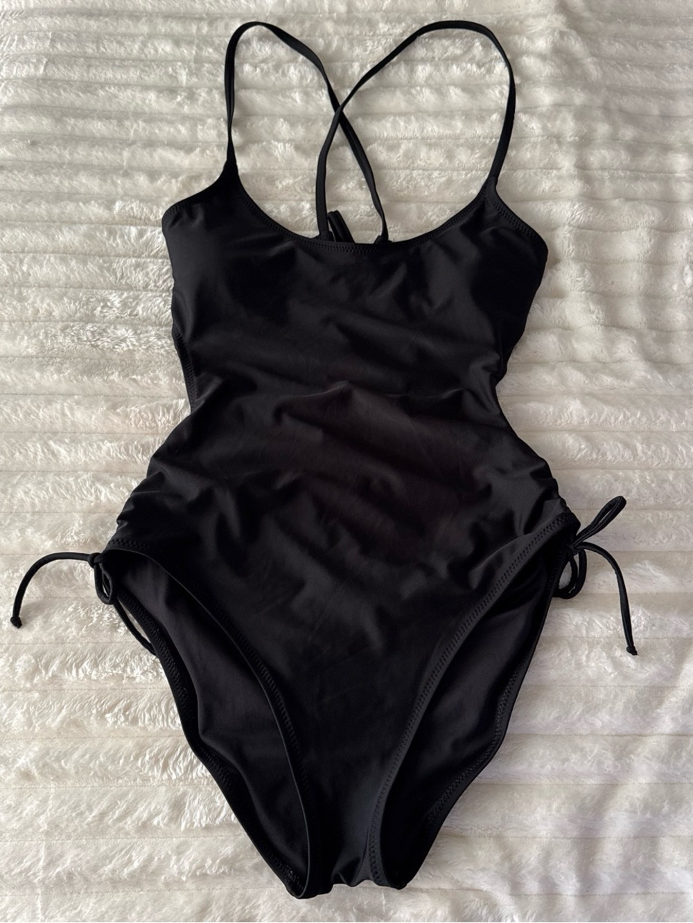 Black Cutout One-Piece Swimsuit | Ruched Side Tie Monokini | Size M